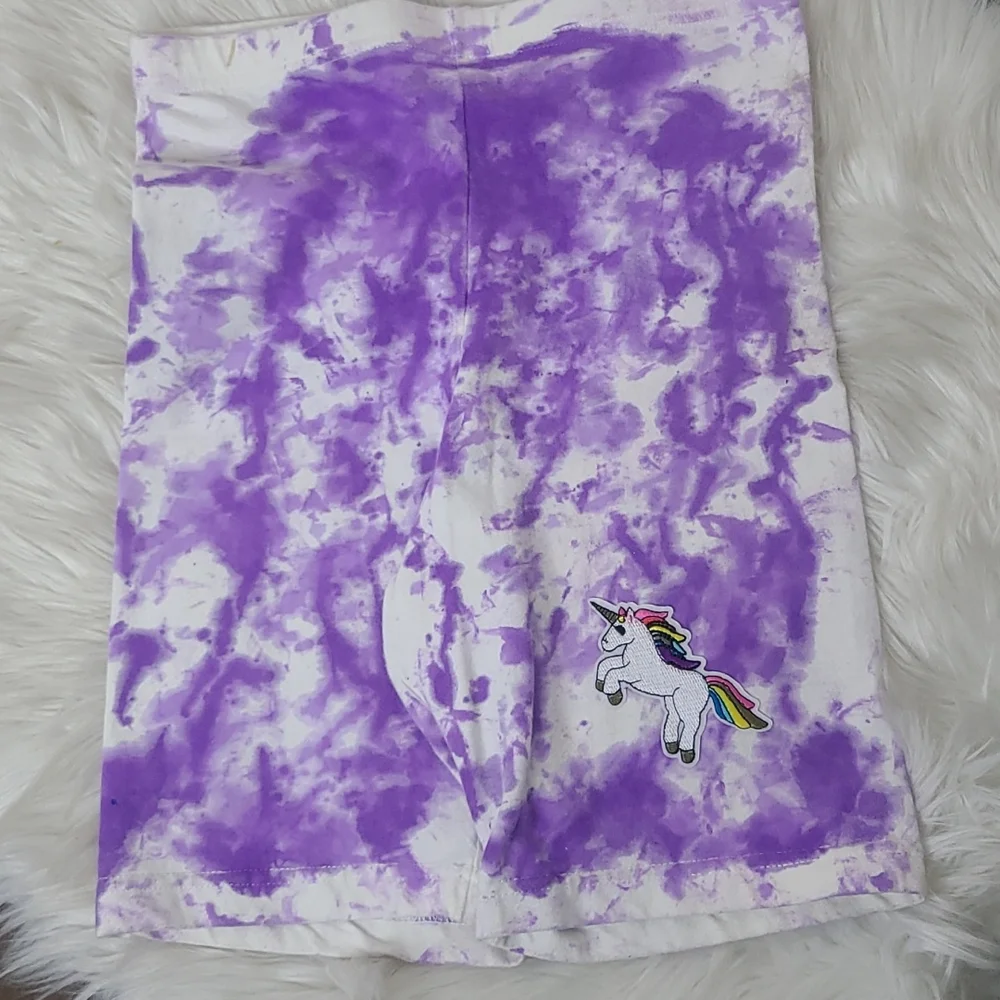 Biker Shorts Size Medium Tie Dye White Purple Cotton Blend Athleisure Unicorn - Picture 1 of 4